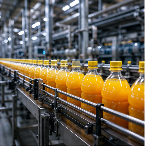 Moderno stabilimento di produzione alimentare con linee di confezionamento automatizzate, macchinari in acciaio inossidabile, operai in uniformi igieniche, sistema UPS industriale integrato nel locale elettrico, ambiente pulito, fotografia industriale realistica, immagine aziendale professionale.