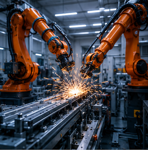 Fabbrica intelligente con bracci robotici, linea di produzione automatizzata, pannelli di controllo industriali, sistemi PLC, apparecchiature UPS visibili nel quadro elettrico, ambiente Industria 4.0, foto realistica, atmosfera di produzione high-tech.