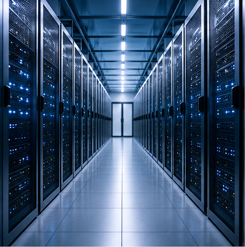 Moderno data center con file di rack per server illuminati da luci LED blu, sistemi UPS industriali in primo piano, ambiente high-tech, concetto di affidabilità e continuità energetica, fotografia realistica, stile aziendale professionale, ultra dettagliato, formato banner ampio.