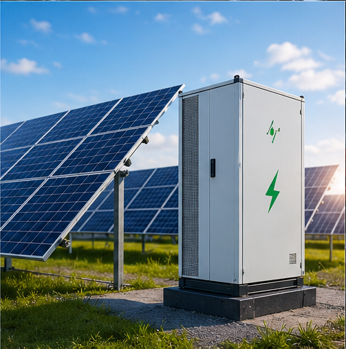 Grande centrale solare con pannelli fotovoltaici al tramonto, sistemi di monitoraggio, accumulo a batteria e apparecchiature UPS industriali, tecnologia per le energie rinnovabili, fotografia aerea realistica, stile professionale del settore energetico.