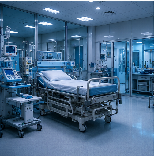Infrastruttura ospedaliera moderna, sala operatoria con attrezzature mediche all'avanguardia, medici e tecnologie sanitarie, sistemi di alimentazione UPS che garantiscono la continuità operativa, ambiente medico pulito e professionale, fotografia realistica.