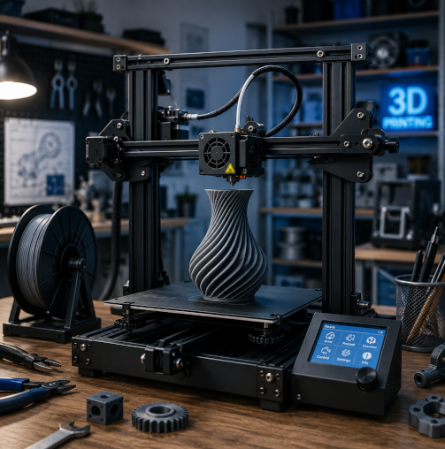 Stampante 3D industriale per la produzione di un componente ingegneristico complesso, moderno laboratorio di produzione additiva, ambiente industriale professionale, sistema UPS visibile a protezione della stampante, tecnologia avanzata, fotografia realistica, ultra dettagliato, tonalità aziendali blu, ingegneria di alta precisione, nessun testo, formato quadrato 1:1, stile industriale premium.